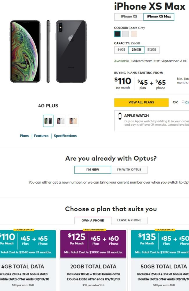 Screen shot of leaked Optus pricing for the new iPhone XS Max. 256GB, with middle of the range plans