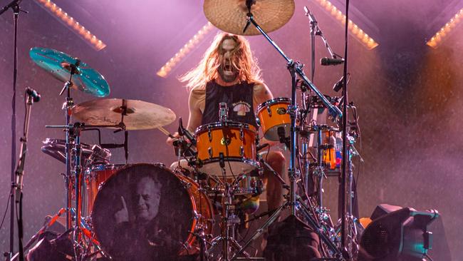 Taylor Hawkins, whose bass drum featured an image of late Mushroom Group founder Michael Gudinski. Picture: Brett Schewitz / Frontier Touring