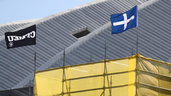 CFMEU and the Eureka flag at the Cairns Convention Centre expansion in 2020 gave rise to criticism that union pressure was causing the project cost to blowout. PICTURE: STEWART McLEAN