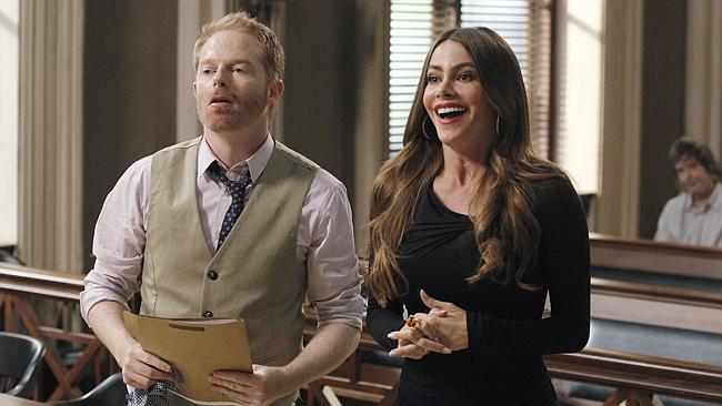 Jesse Tyler Ferguson, left, and Sofia Vergara in a scene from "Modern Family."