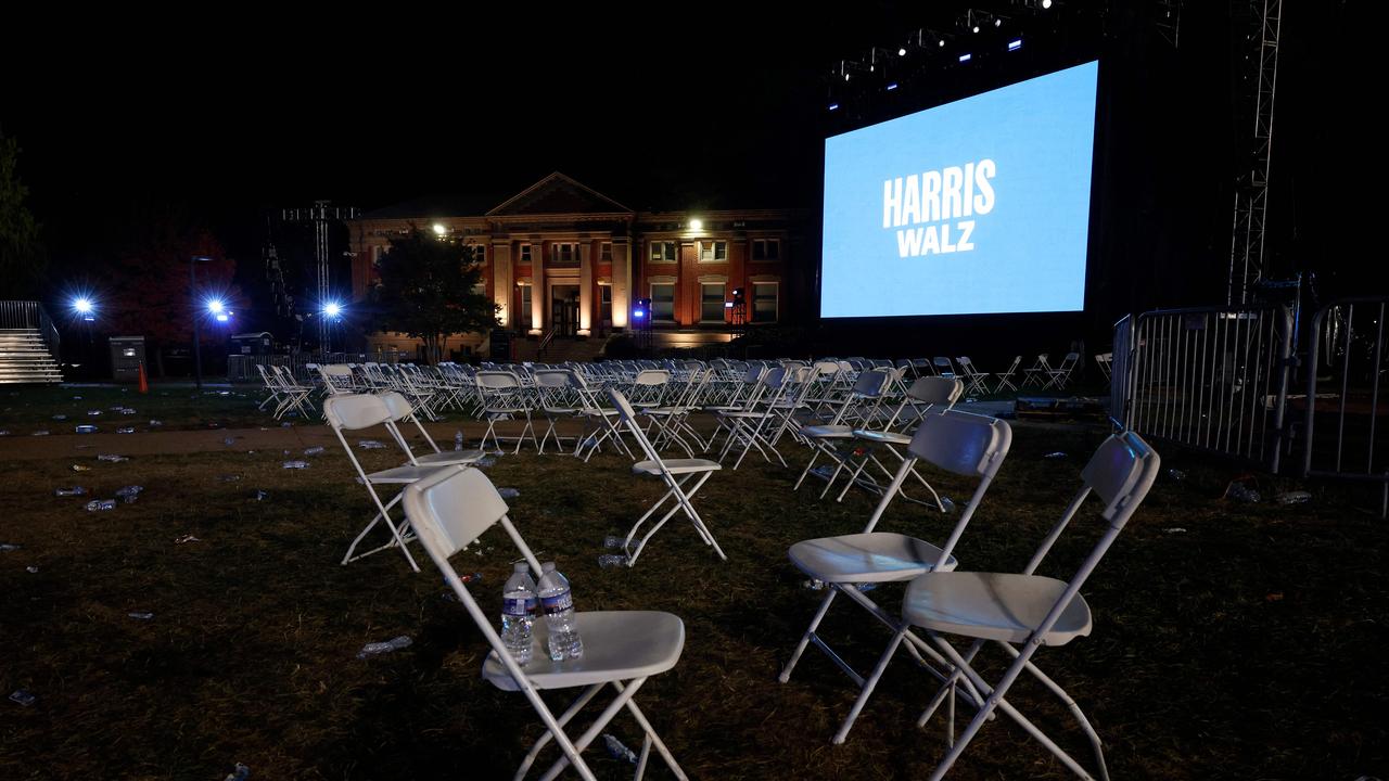 Chairs and trash sit in an empty field after the election night watch party for Democratic presidential nominee, U.S. Vice President Kamala Harris at Howard University. Picture: Getty Images via AFP