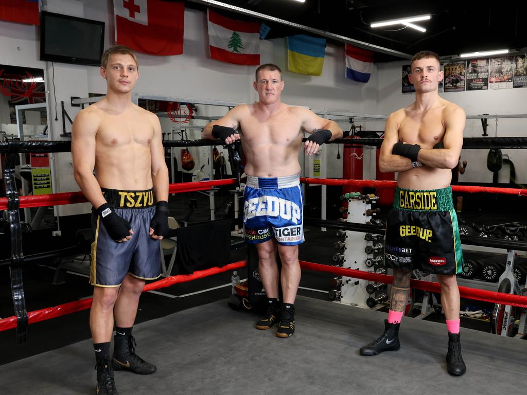 DAILY TELEGRAPH, April 14, 2022: Paul Gallen (centre) alongside Nikita Tszyu (left) and Harry Garside (right) pictured at the Bondi Boxing club in Waterloo. Picture: Damian Shaw