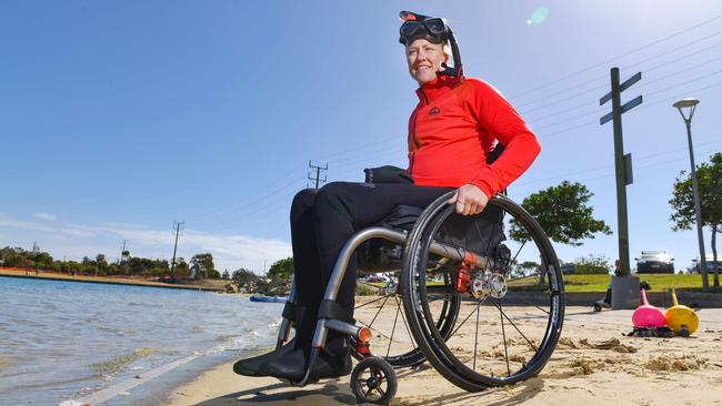 Marine biologist Yvette Eglinton returns to the water at West Lakes for the first time since her accident. Picture: Brenton Edwards