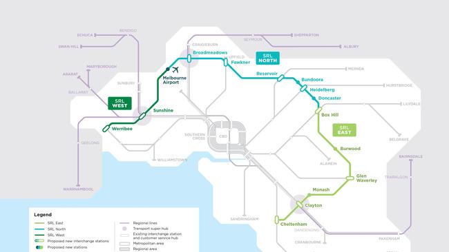 Stations planned for the 90km Suburban Rail Loop, between Cheltenham and Werribee. Picture: Supplied