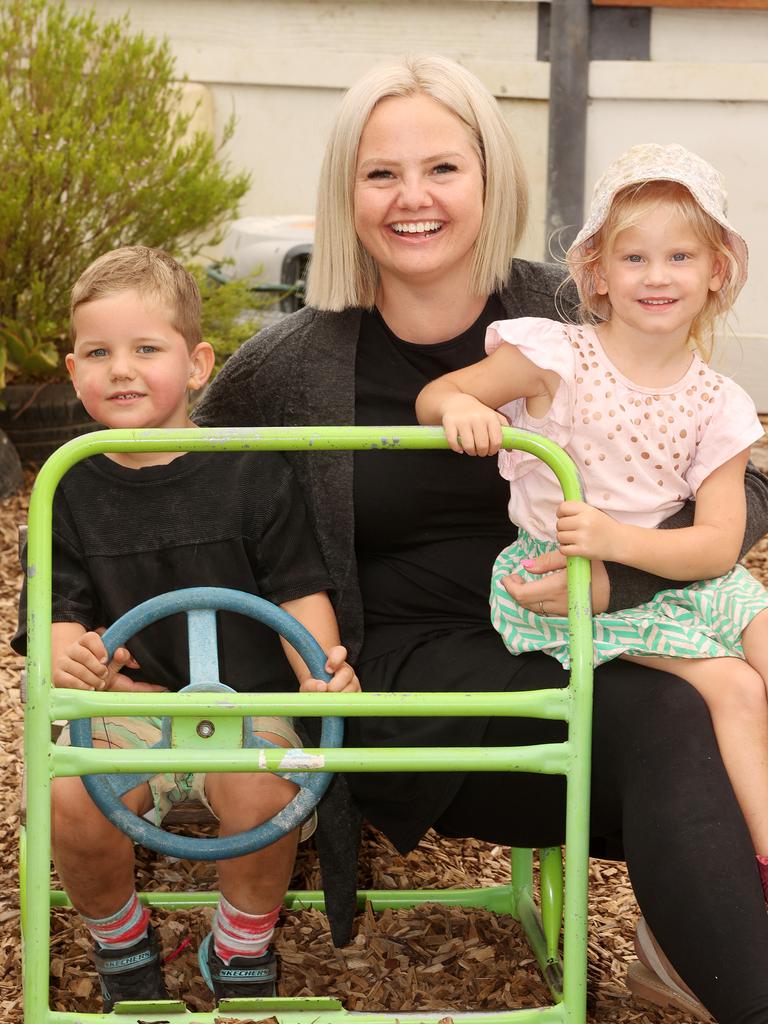 Goodstart Early Learning Newtown centre manager Katie Sinclair with Hendrix and Wren, both 4. Picture: Alison Wynd