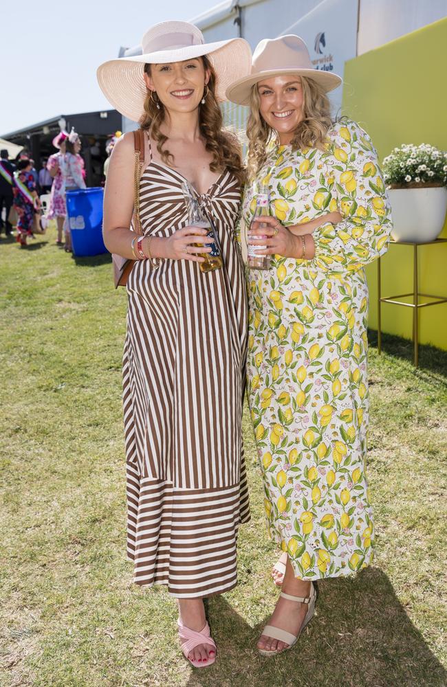 Sarah Barton (left) and Jess Simpson at Warwick Cup race day at Allman Park Racecourse, Saturday, October 14, 2023. Picture: Kevin Farmer