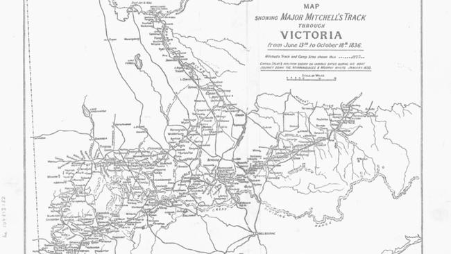 A map showing Thomas Mitchell’s 1836 trek through Victoria. Picture: State Library of Victoria