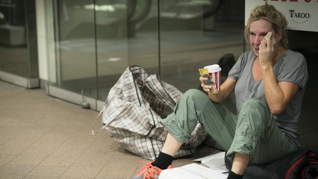 To this … Leckie wipes away tears as the emotion takes its toll during filming of Filthy Rich &amp; Homeless. Picture: SBS