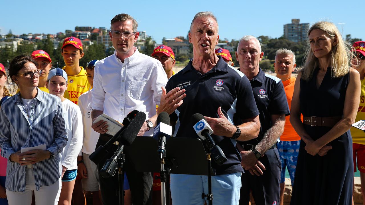 NSW Premier Dominic Perrottet appeared alongside surf lifesaving officials to issue an urgent warning to swimmers. Picture: NCA NewsWire / Gaye Gerard
