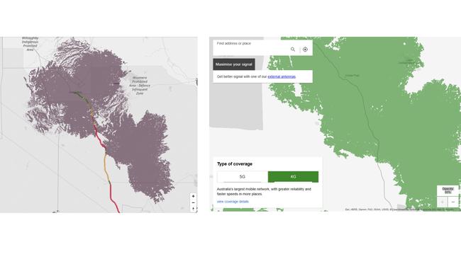 Accenture's drive testing (left) shows sections of the Stuart Highway to Coober Pedy cannot receive a Telstra signal. But Telstra's map (right) shows coverage can be accessed with an external antenna.