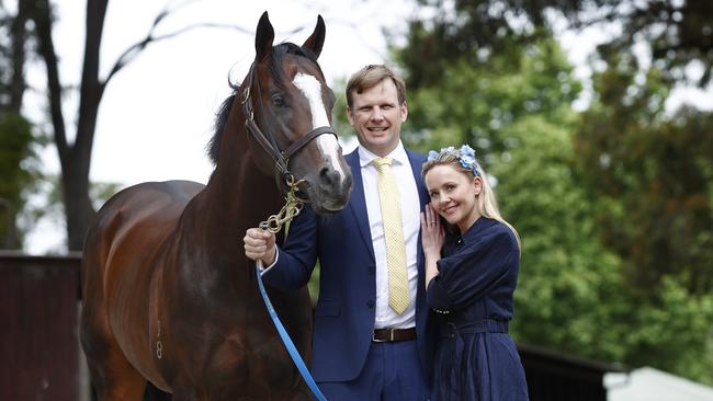 Trainer Bjorn Baker and wife Andrea with Overpass. Picture: Richard Dobson