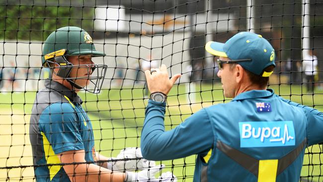 Marcus Harris chatting with Justin Langer at the Adelaide Oval nets (Photo by Daniel Kalisz/Getty Images)