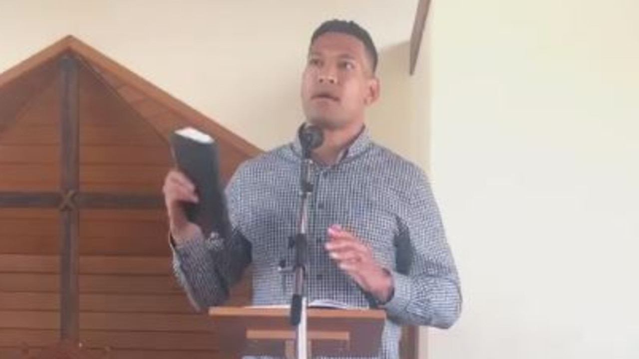 Screen grab of Israel Folau speaking at The Truth Of Jesus Christ Church. Picture: Facebook.