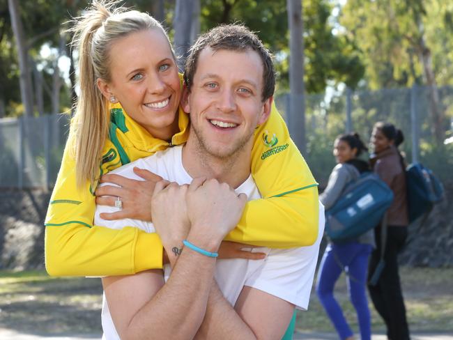 Joe Ingles (Boomers and NBA Utah Jazz basketballer) with fiancee Renae Hallinan (Australian Diamonds netballer and Adelaide Thunderbirds captain ) at Olympic Park. Photo: Bob Barker.