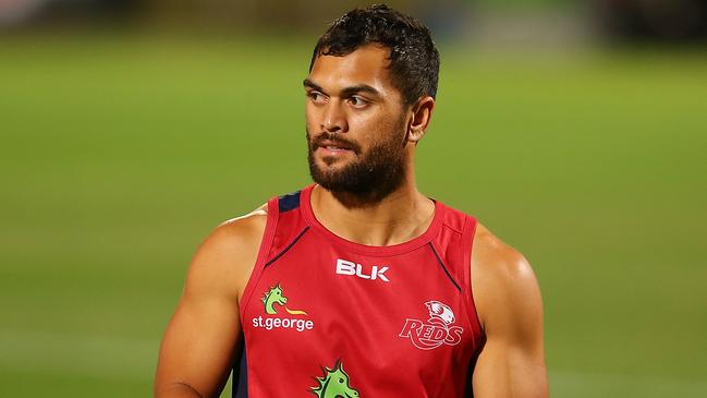 BRISBANE, AUSTRALIA - SEPTEMBER 18: (EXCLUSIVE COVERAGE) Karmichael Hunt looks on during a Queensland Reds training session at Ballymore Stadium on September 18, 2014 in Brisbane, Australia. (Photo by Chris Hyde/Getty Images)