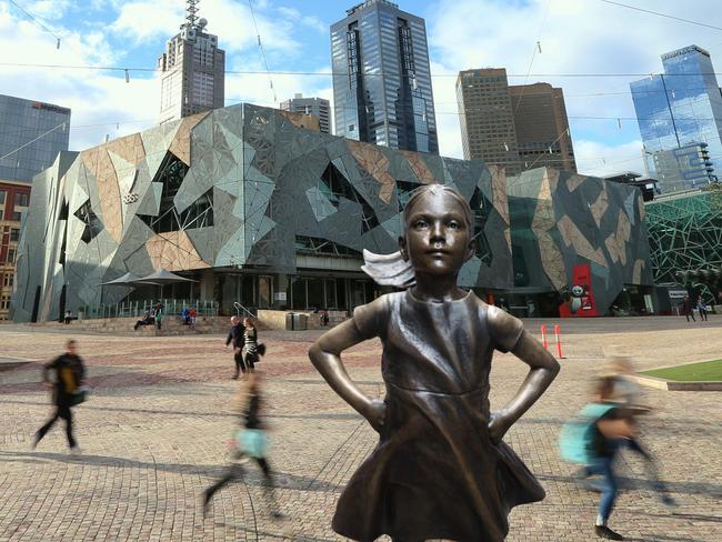 Fearless Girl will be placed at Fed Square for two years. Picture: Digitally altered image.