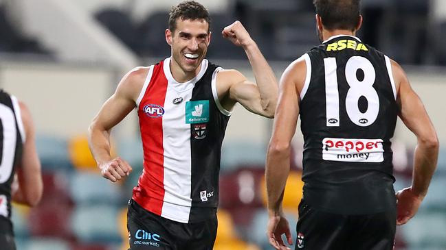 Tower of power Max King celebrates a goal for the Saints. Picture: AFL Photos/Getty Images