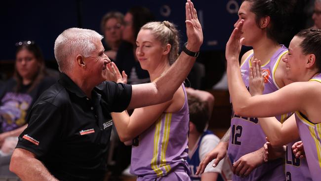 ADELAIDE, AUSTRALIA - NOVEMBER 01: Chris Lucas, head coach of the Melbourne Boomers with Sherrie Calleia of the Melbourne Boomers after the win during the WNBL match between Adelaide Lightning and Melbourne Boomers at Adelaide Arena, on November 01, 2023, in Adelaide, Australia. (Photo by Sarah Reed/Getty Images)