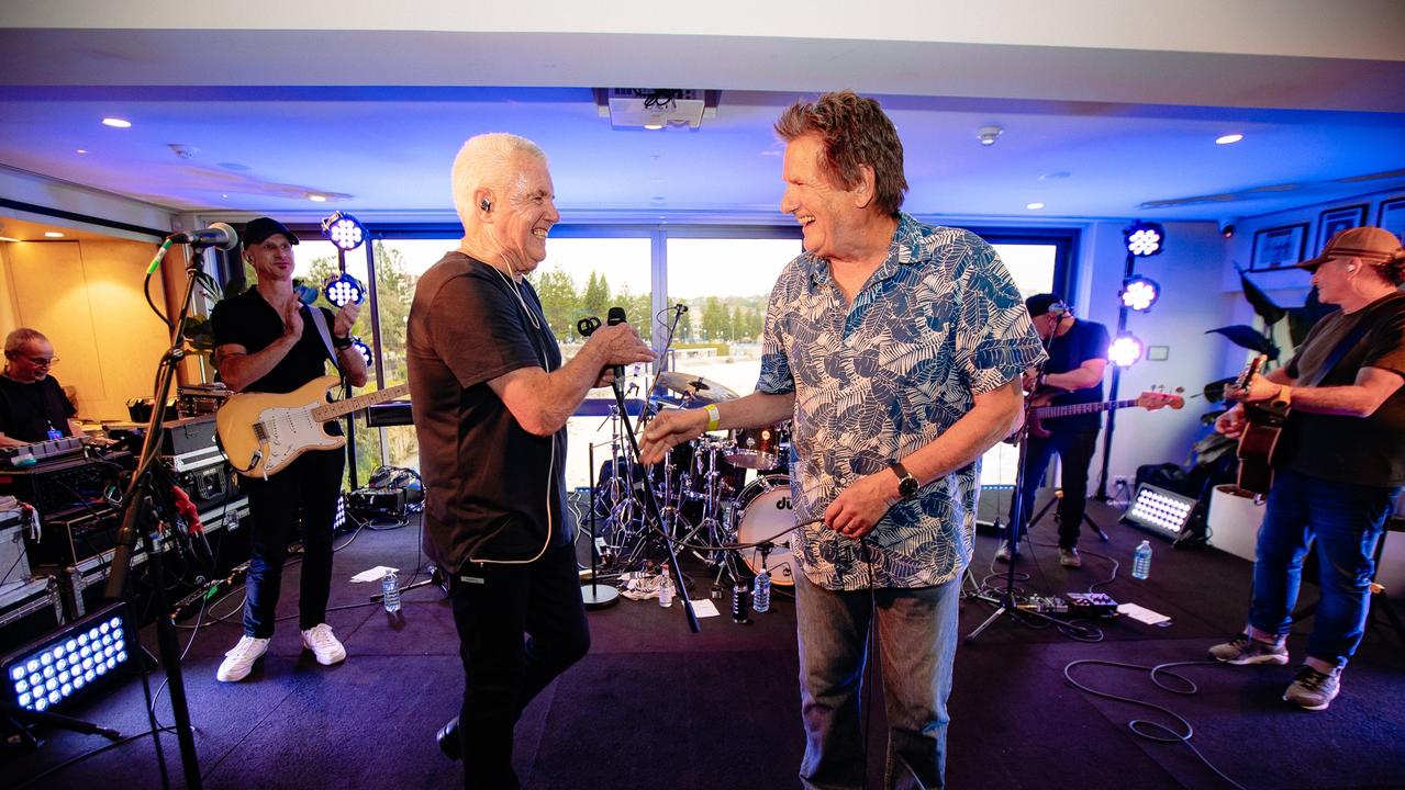 Daryl Braithwaite performs with twin brother Glenn (right) at Coogee Surf Life Saving Club. Picture: Jess Gleeson