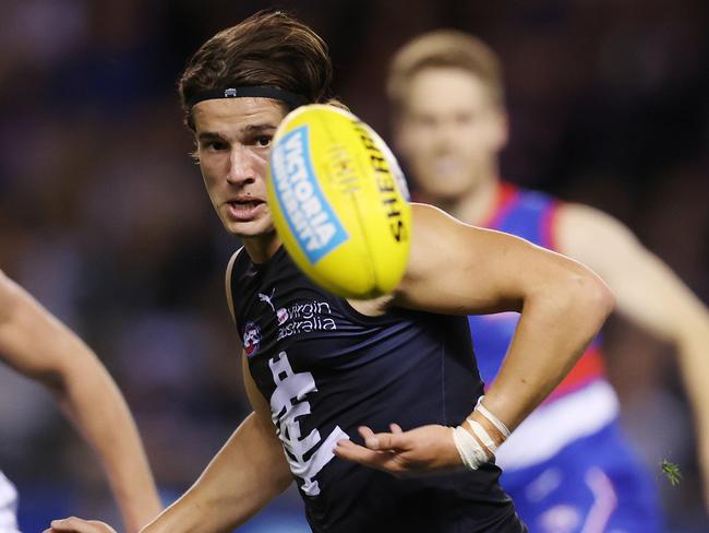 AFL Round 8.   09/05/2021. Western Bulldogs vs Carlton at Marvel Stadium, Melbourne.   Liam Stocker of the Blues during the 2nd qtr.   . Pic: Michael Klein