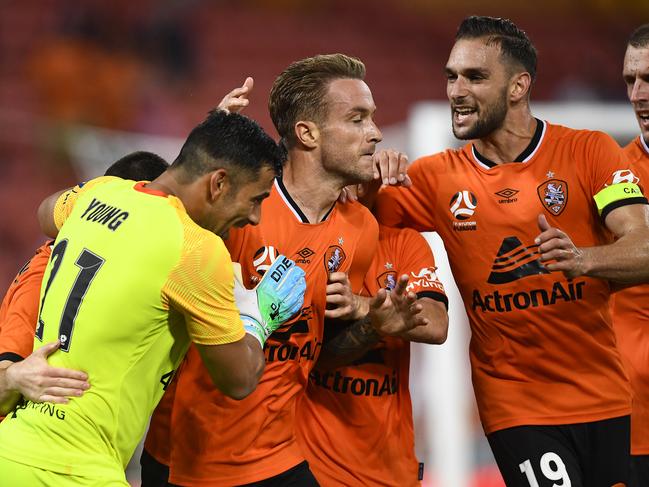 The Roar celebrates scoring the equalising goal deep into injury time. Picture: Getty Images