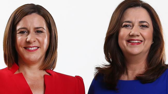 HOLD FOR COURIER MAIL -  Deb Frecklington, leader of the Liberal National Party with Premier Annastacia Palaszczuk together for International Women's Day. Pics Adam Head