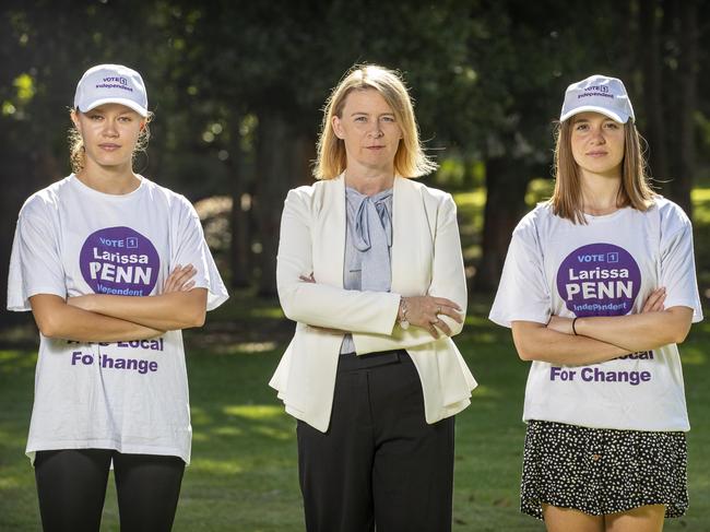 Larissa Penn with supporters Gabi Tan and Josie Penn. Picture: Christian Gilles