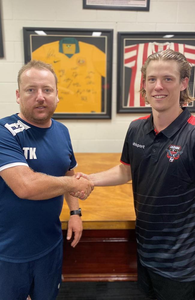 Caloundra FC FQPL3 head coach Trent Kelly with Matt Holley.