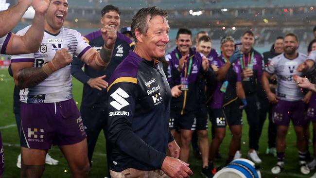 Craig Bellamy cops a powerade shower from Storm players.