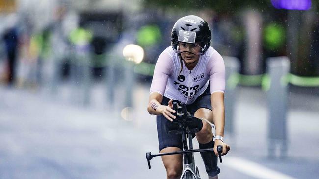 Belgian triathlete Hanne De Vet begins the cycling leg of the Ironman 70.3 Tasmania in Hobart on Sunday 4th February. Picture: Linda Higginson
