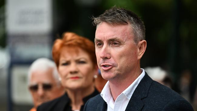 Pauline Hanson and James Ashby attend a press conference to declare their preferences in the upcoming Queensland election, outside Parliament House in Brisbane. Picture: Dan Peled/NewsWire