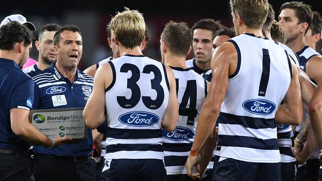 Geelong coach Chris Scott addresses his players during the game against Gold Coast.