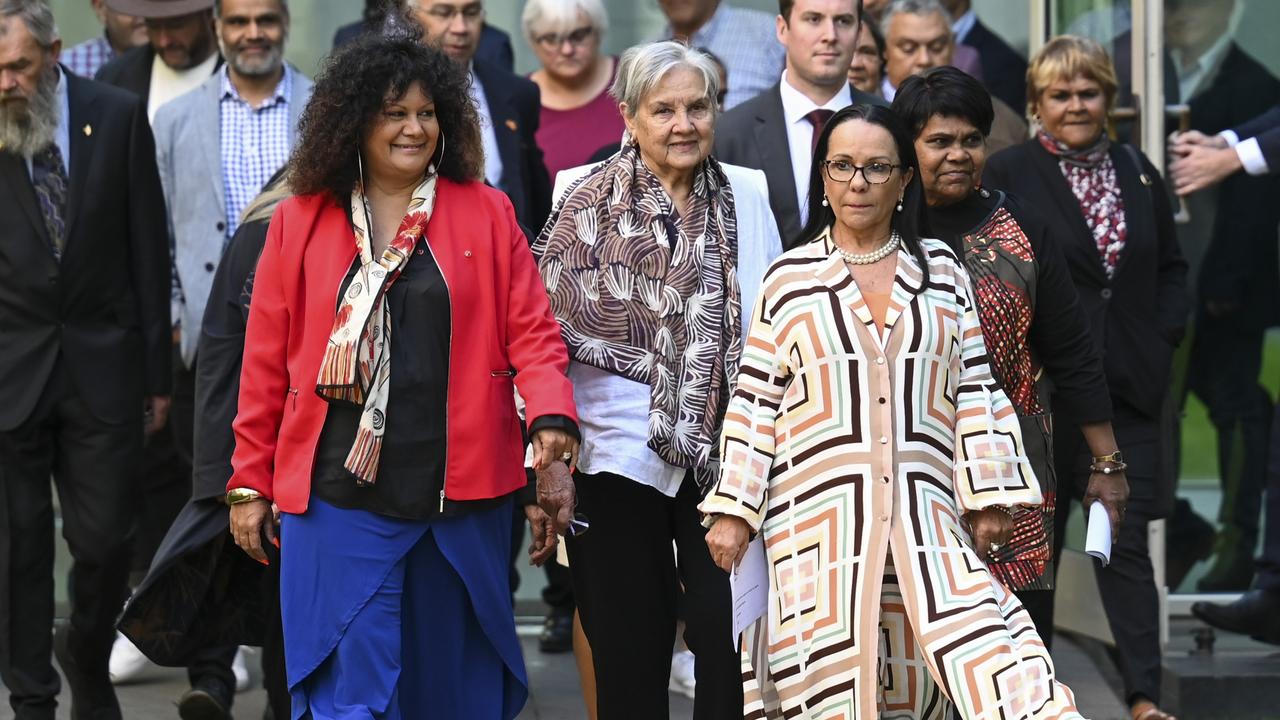 Assistant Minister indigenous Australians Senator Malarndirri McCarthy, Pat Anderson, Minister indigenous Australians Linda Burney and Lingiari MP Marion Scrymgour arrive to address the media earlier this year.