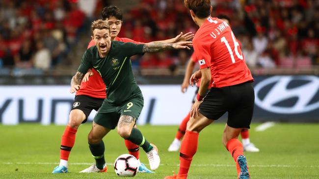 Adam Taggart on the ball in a friendly against South Korea in June. Picture: Getty Images