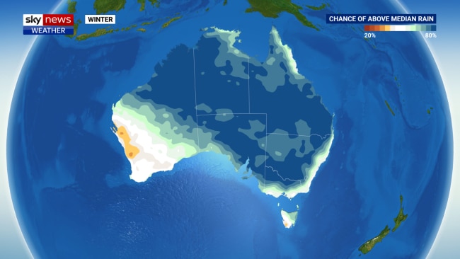 BOM winter forecast showing the chance of above median rain.