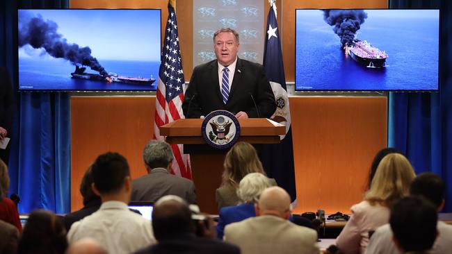 US Secretary of State Mike Pompeo speaks from the State Department briefing room in Washington where be blamed Iran for the attack.