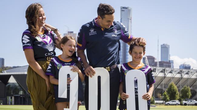 Billy Slater with his family ahead of his 300th NRL game. Picture: Jono Demos