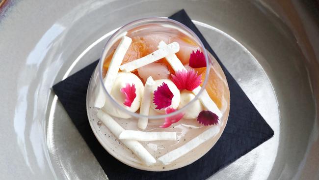 The list of desserts includes a white peach and blood peach panna cotta with vanilla meringue.