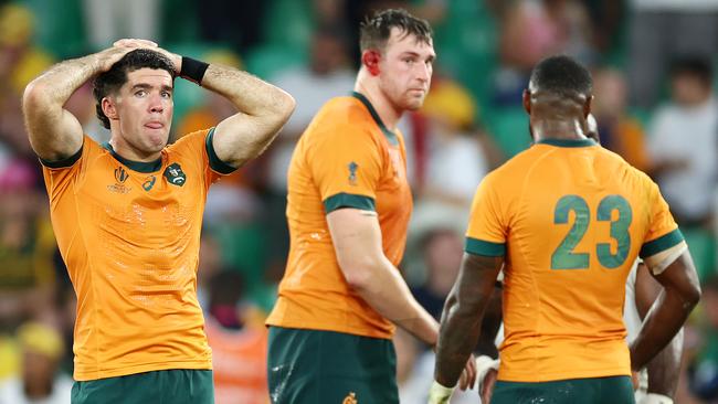 SAINT-ETIENNE, FRANCE - SEPTEMBER 17: Ben Donaldson of Australia looks dejected at full-time following the Rugby World Cup France 2023 match between Australia and Fiji at Stade Geoffroy-Guichard on September 17, 2023 in Saint-Etienne, France. (Photo by Chris Hyde/Getty Images)