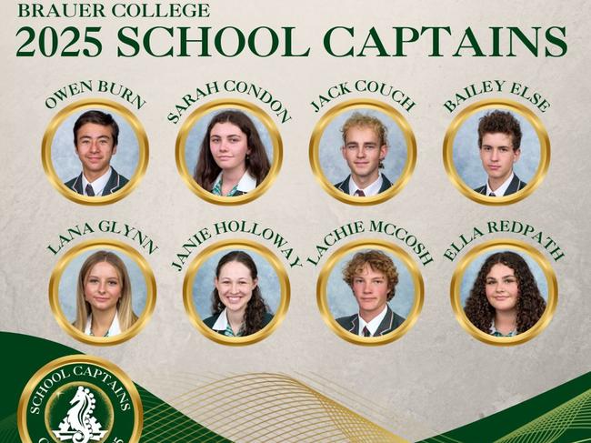 Brauer College captains for 2025: Owen Burn, Sarah Condon, Jack Couch, Bailey Else, Lana Glynn, Janie Holloway, Lachie McCosh and Ella Redpath. Picture: Facebook