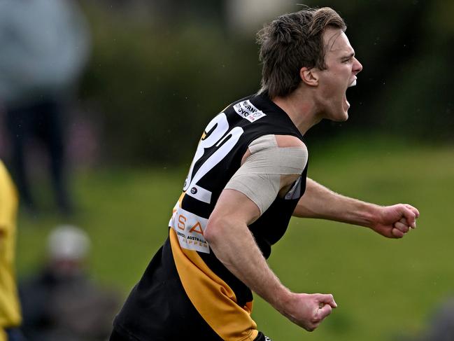 HeidelbergÃs Zane Barzen during the NFNL Heidelberg v Bundoora football match in Preston, Saturday, Sept. 9, 2023. Picture: Andy Brownbill