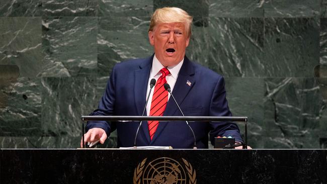 Donald Trump speaks during the 74th Session of the United Nations General Assembly at UN Headquarters in New York, September 2019. Picture: Johannes Eisele, via AFP