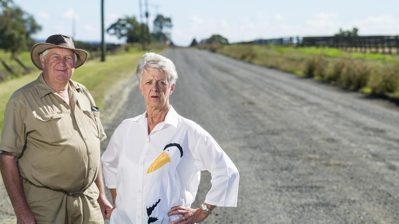 Owen Mesken and Denise Watson are calling on council to seal Deuble Road, Wellcamp, Tuesday, April 20, 2021. Picture: Kevin Farmer