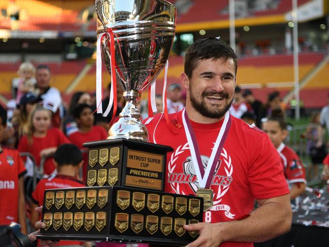 Redcliffe Dolphins captain Cameron Cullen celebrates winning the 2018 Intrust Super Cup grand final against Easts at Suncorp on September 23.