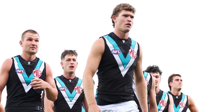 BALLARAT, AUSTRALIA - MAY 03: Port Adelaide players depart the field following the round eight AFL match between Western Bulldogs and Port Adelaide Power at Mars Stadium, on May 03, 2025, in Ballarat, Australia. (Photo by Morgan Hancock/Getty Images)