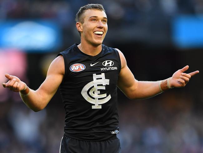 Patrick Cripps of the Blues reacts after kicking a goal during the Round 12 AFL match between the Carlton Blues and the Brisbane Lions at Marvel Satdium in Melbourne, Saturday, June 8, 2019. (AAP Image/Julian Smith) NO ARCHIVING, EDITORIAL USE ONLY