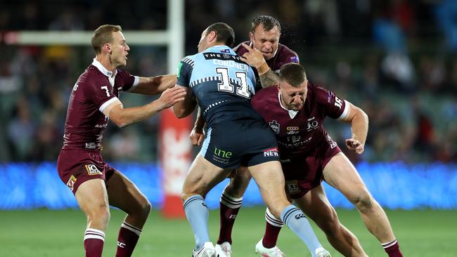Boyd Cordner of the Blues is tackled. Picture: Getty