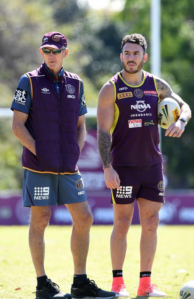 Coach Wayne Bennett and Darius Boyd look on during a Brisbane Broncos training session in August 2018. Picture: AAP Image/Dave Hunt