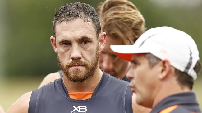 Shane Mumford faces a suspension for his punch on Sydney’s George Hewitt in a practice match. Picture: Getty Images