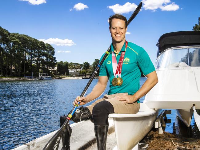 Curtis McGrath with his gold medals, he has just gotten out of quarantine after the Paralympics.Picture: NIGEL HALLETT